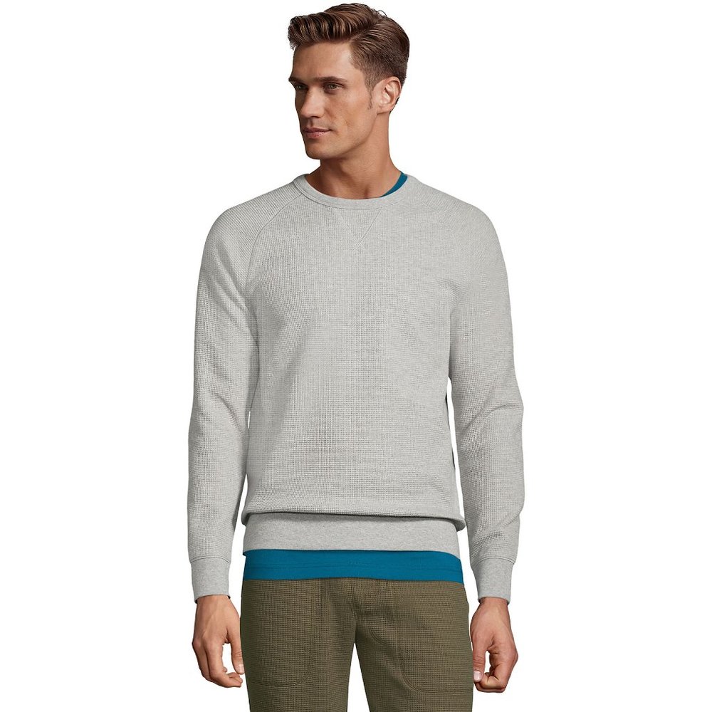 Mens Cotton Waffle Knit Crewneck Sweatshirt Light Gray Heather size XXL 2XL Grey